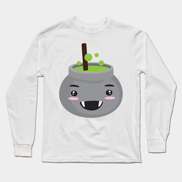 Cute Halloween Design of a kawaii Witch Smiling Cooking Pot Long Sleeve T-Shirt by Uncle Fred Design